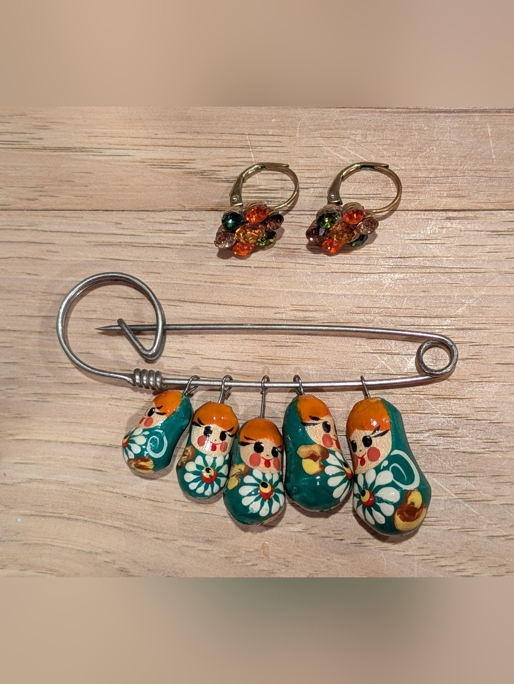 Hand-Painted Matryoshka Charm Pin - Teal & Orange With Matched Earrings